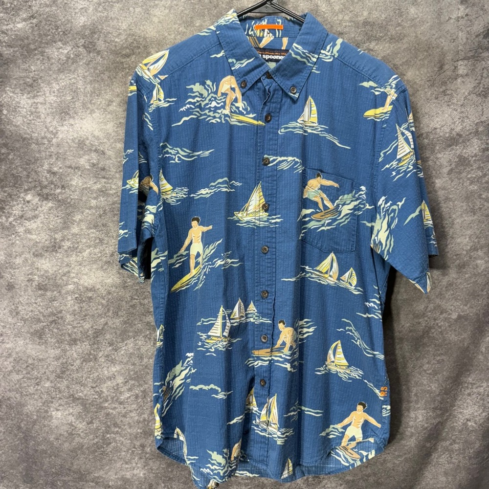Reyn Spooner Surfing Sailing Hawaiian Button Down Shirt Mens L Blue 100% Cotton